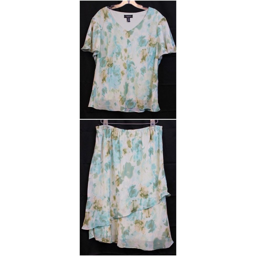 R&M Richards Outfit sz 18 W Teal Floral Shirt Tiered Skirt Spring Assmytrical